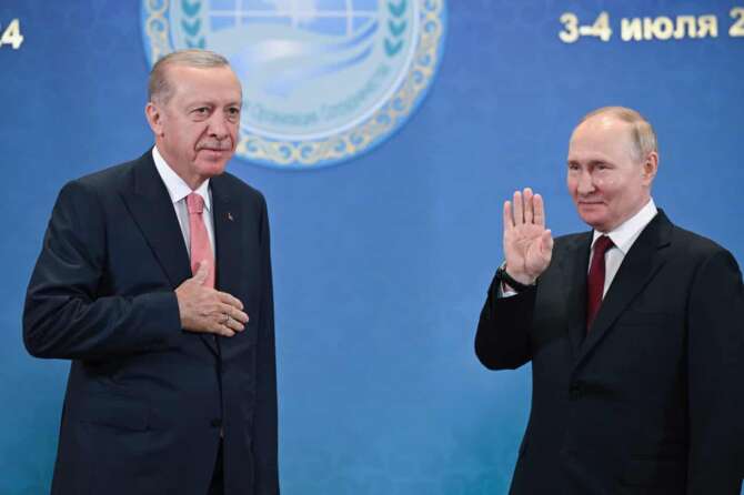 Russian President Vladimir Putin, right, and Turkey’s President Recep Tayyip Erdogan attend a meeting on the sidelines of the Shanghai Cooperation Organisation (SCO) summit in Astana, Kazakhstan, Wednesday, July 3, 2024. (Sergey Guneyev, Sputnik, Kremlin Pool Photo via AP)