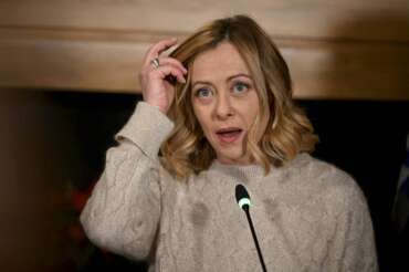 Italy’s Prime Minister Giorgia Meloni attends a press conference during the North-South Summit in Inari, Finland, Sunday, Dec. 22, 2024. (Antti Aimo-Koivisto/Lehtikuva via AP)