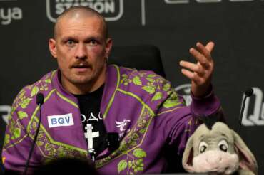 Ukraine’s boxer Oleksandr Usyk speaks at a press conference after winning his fight against Britain’s boxer Tyson Fury for the WBA, WBO, and WBC heavyweight title in Riyadh, Saudi Arabia, Sunday, Dec. 22, 2024.(AP Photo/Frank Augstein)