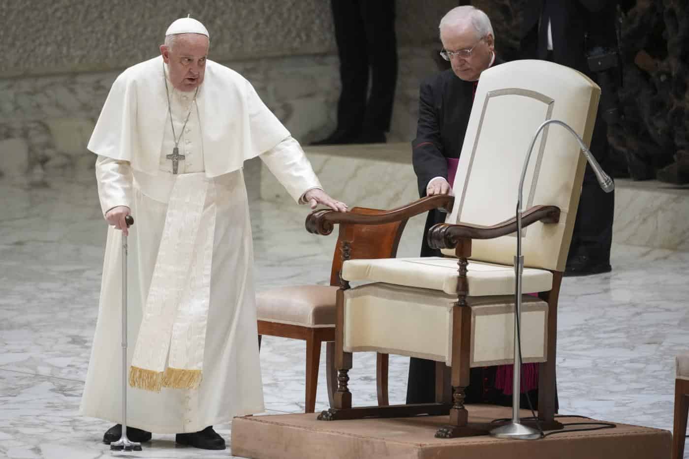Pope Francis arrives for an audience with fishermen and members of the CEI, Italians Bishops Conference, in the Pope Paul VI hall at the Vatican, Saturday, Nov. 23, 2024. (AP Photo/Andrew Medichini)