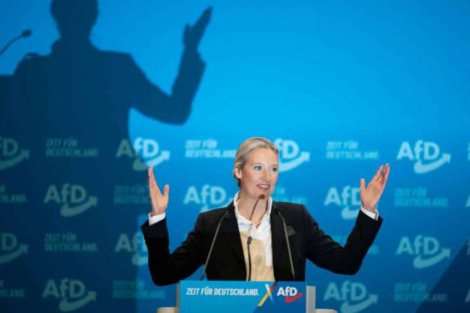 AfD national chairwoman Alice Weidel speaks at her party’s national convention in Riesa, Germany, Saturday, Jan. 11, 2025. (Sebastian Kahnert/dpa via AP)