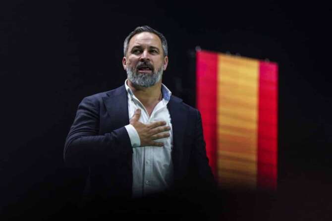 Santiago Abascal, leader of the far right VOX party gestures as he delivers a speech on stage during the Spanish far-right wing party Vox’s rally “Europa Viva 24” in Madrid, Spain, Sunday, May 19, 2024. VOX has invited speakers from across the right wing spectrum including Marine Le Pen, Viktor Orban and Argentine President Javier Milei who has been visiting Spain since Friday. (AP Photo/Manu Fernandez)