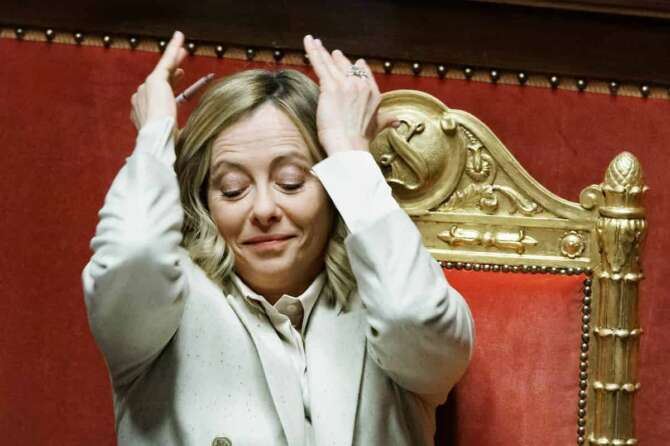 La presidente del Consiglio Giorgia Meloni al Senato durante l’intervento di Dolores Bevilaqua del M5s in occasione delle comunicazioni sul prossimo Consiglio europeo del 19 e 20 dicembre, Roma, Mercoledì, 18 Dicembre 2024 (Foto Roberto Monaldo / LaPresse) Prime Minister Giorgia Meloni at the Senate during the speech by Dolores Bevilaqua of the M5s on the occasion of the communications on the next European Council of 19 and 20 December, Rome, Wednesday, December 18, 2024 (Photo by Roberto Monaldo / LaPresse)