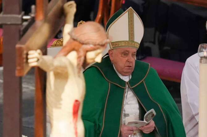 Pope Francis presides over a mass for the jubilee of the armed forces in St. Peter’s Square at The Vatican, Sunday Feb.9, 2025. (AP Photo/Alessandra Tarantino)