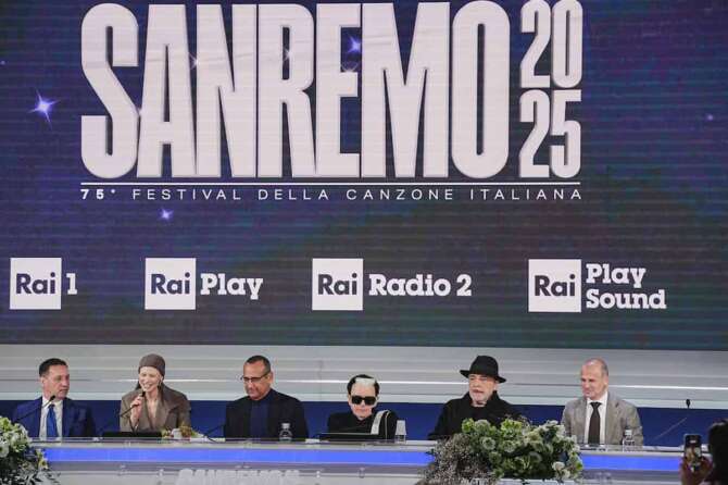 Bianca Balti, Carlo Conti, Cristiano Malgioglio, Nino Frassica, attend the press conference at 75th edition of the Sanremo Italian Song Festival at the Ariston Theatre in Sanremo, northern Italy – Wednesday, February 12, 2025. Entertainment. (Photo by Marco Alpozzi/LaPresse)