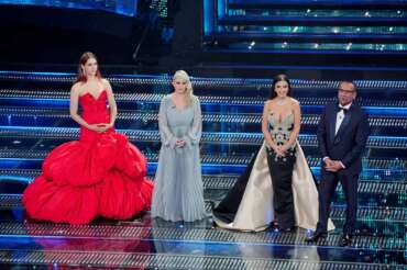 Miriam Leone, Katia Follesa, Elettra Lamborghini, Carlo Conti during the third evening of 75th edition of the Sanremo Italian Song Festival at the Ariston Theatre in Sanremo, northern Italy – Thursday, February 13, 2025. Entertainment. (Photo by Marco Alpozzi/LaPresse)