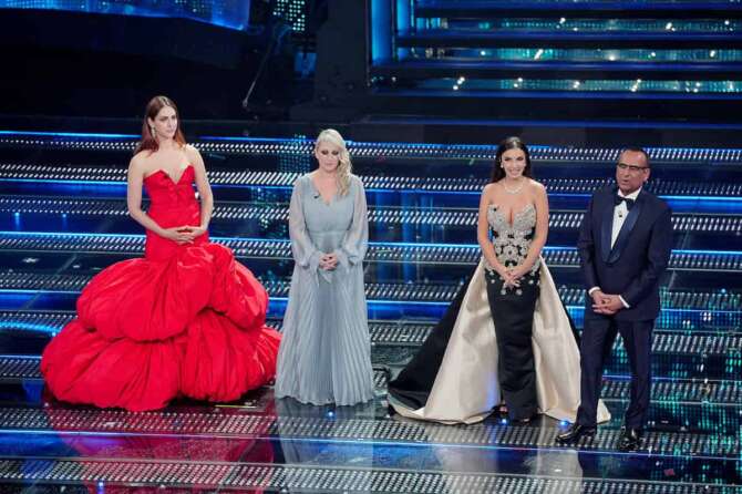 Miriam Leone, Katia Follesa, Elettra Lamborghini, Carlo Conti during the third evening of 75th edition of the Sanremo Italian Song Festival at the Ariston Theatre in Sanremo, northern Italy – Thursday, February 13, 2025. Entertainment. (Photo by Marco Alpozzi/LaPresse)