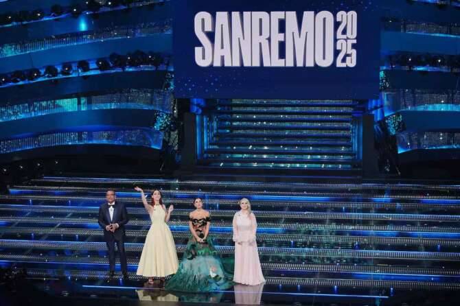 Carlo Conti, Miriam Leone, Elettra Lamborghini and Katia Follesa during the third evening of 75th edition of the Sanremo Italian Song Festival at the Ariston Theatre in Sanremo, northern Italy – Thursday, February 13, 2025. Entertainment. (Photo by Marco Alpozzi/LaPresse)