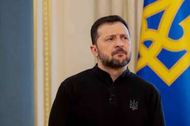 Ukraine’s President Volodymyr Zelensky gives a press conference in Kyiv, Wednesday, Feb. 19, 2025. (Tetiana Dzhafarova/Pool Photo via AP)