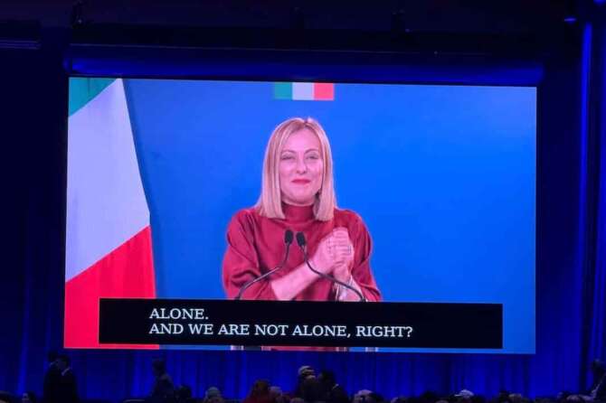 Il Presidente del Consiglio, Giorgia Meloni, ha partecipato in video collegamento alla convention dei conservatori Usa CPAC, 22 febbraio 2025 Roma (Italia) DISTRIBUTION FREE OF CHARGE – NOT FOR SALE – Obbligatorio citare la fonte LaPresse/Palazzo Chigi/Filippo Attili