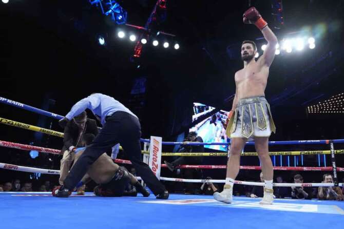 Italy’s Guido Vianello gestures after a heavyweight boxing bout against Moses Johnson on Friday, Feb. 16, 2024, in New York. Vianello stopped Johnson in the first round. (AP Photo/Frank Franklin II)