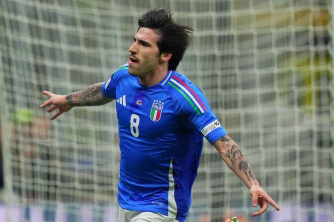 Italy’s Sandro Tonali celebrates after scoring 1-0 during the Uefa Nations League soccer match between Italy and Germany at the San Siro Stadium in Milan, north Italy – Thursday , Mach 20 , 2025 . Sport – Soccer . (Photo by Spada/LaPresse)