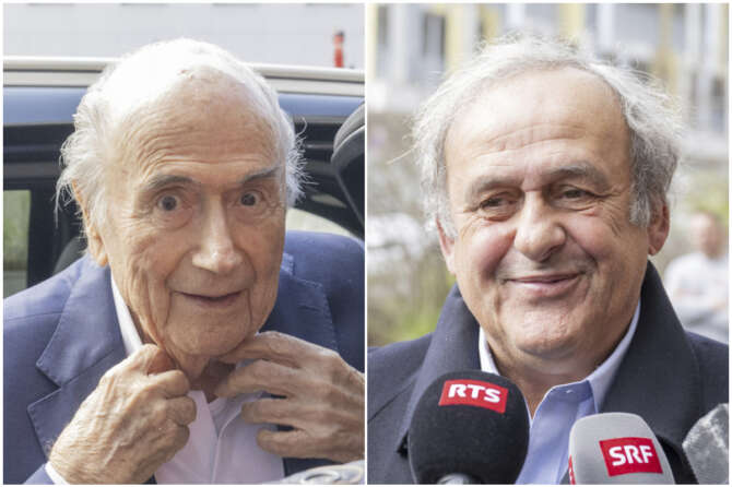 FILE – FIFA president Sepp Blatter is greeted by UEFA President Michel Platini, right, after Blatter’s re-election as president at the Hallenstadion in Zurich, Switzerland, on May 29, 2015. Sepp Blatter and Michel Platini enter a criminal court Wednesday charged with defrauding world soccer body FIFA. It’s an 11-day trial of two men once the most powerful in the world’s favorite sport. (Patrick B. Kraemer/Keystone via AP, File)