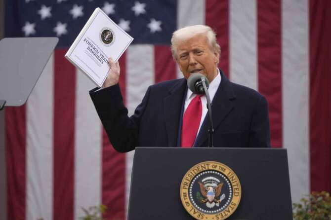 President Donald Trump speaks during an event to announce new tariffs in the Rose Garden at the White House, Wednesday, April 2, 2025, in Washington. (AP Photo/Mark Schiefelbein)