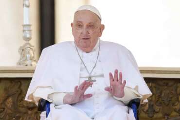 Pope Francis arrives in a wheelchair at the end of a mass in St. Peter’s Square at The Vatican, Sunday, April 6, 2025, part of the Jubilee of the sick and the health workers. (AP Photo/Andrew Medichini)