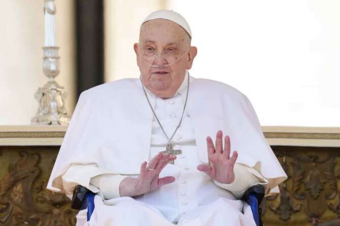 Pope Francis arrives in a wheelchair at the end of a mass in St. Peter’s Square at The Vatican, Sunday, April 6, 2025, part of the Jubilee of the sick and the health workers. (AP Photo/Andrew Medichini)