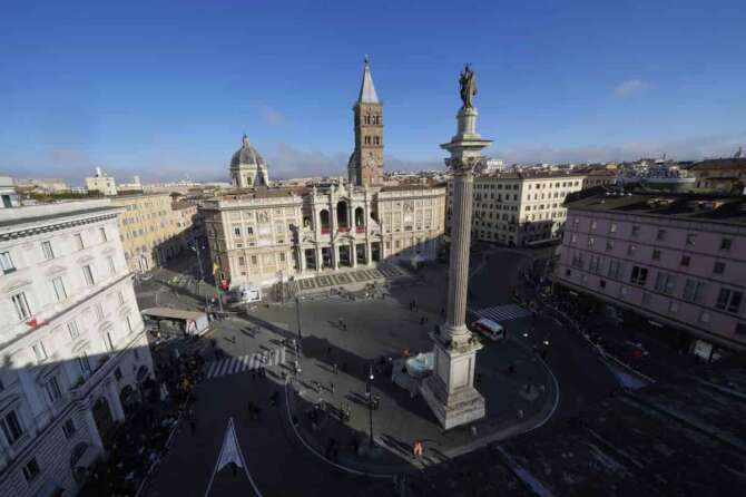 A view of St. Mary Major Basilica, where the burial ceremony of Pope Francis will take place, in Rome, Saturday, April 26, 2025. (AP Photo/Luca Bruno)