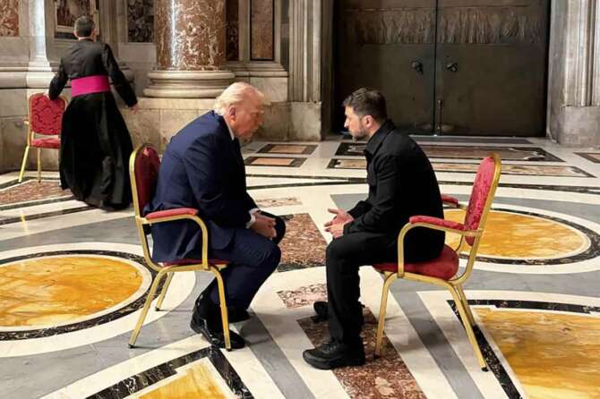 In this photo provided by the Ukrainian Presidential Press Office, Ukraine’s President Volodymyr Zelenskyy, right, and President Donald Trump, talk as they attend the funeral of Pope Francis in Vatican, Saturday, April 26, 2025.(Ukrainian Presidential Press Office via AP)