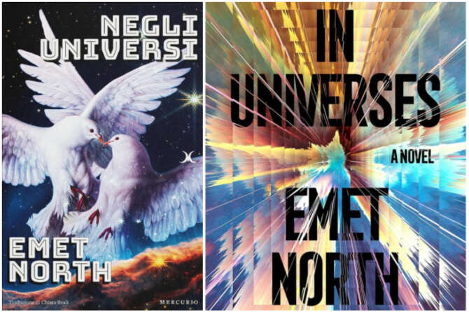 Le copertine della versione italiana e inglese di “Negli universi”