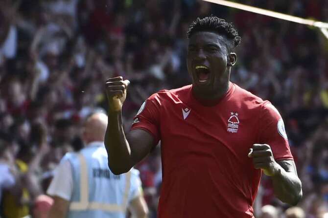 Nottingham Forest’s Taiwo Awoniyi celebrates after scoring against West Ham during the English Premier League soccer match between Nottingham Forest and West Ham United at the City ground in Nottingham, England, Sunday, Aug. 14, 2022. (AP Photo/Rui Vieira)
