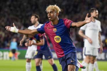 Barcelona’s Lamine Yamal celebrates after scoring during the Champions League semifinal first leg soccer match between Barcelona and Inter Milan in Barcelona, Spain, Wednesday, April 30, 2025. AP Photo/Emilio Morenatti)