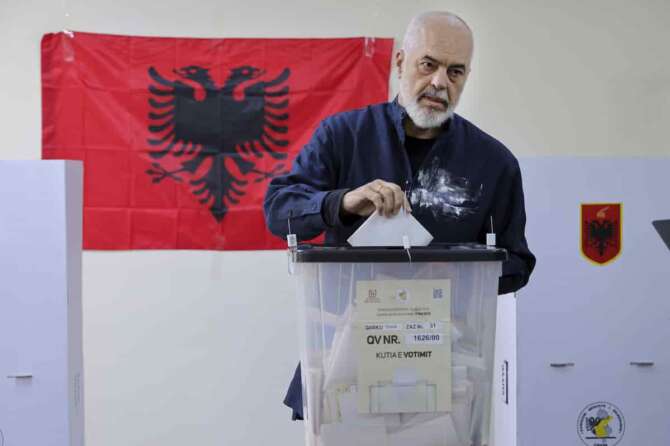 Albania’s ruling Socialist party leader Edi Rama casts his ballot during a general election where Rama is seeking a fourth term as Albania’s prime minister, in Tirana, Sunday, May 11, 2025. (AP Photo/Vlasov Sulaj)