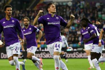 Fiorentina’s Nicolo Fagioli celebrates after scoring the 1-1 goal for his team during the Serie A soccer match between Udinese and Fiorentina at the Bluenergy Stadium in Udine, north east Italy – Sunday, May 25,2025 sport – soccer (Photo by Andrea Bressanutti/Lapresse)