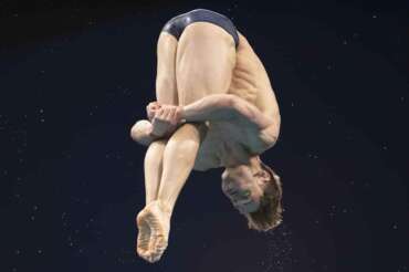 FILE – Britain’s Tom Daley competes during the men’s synchronized 10-meter platform diving final at the Summer Olympics,, July 26, 2021, in Tokyo. Daley will compete in his fifth Olympics at age 30, coming off a gold medal-winning performance in synchronized platform at Tokyo. (AP Photo/Kyusung Gong, File)