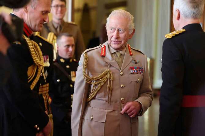 Britain’s King Charles III during his visit to the Royal Regiment of Artillery at the Royal Artillery Barracks in Larkhill Salisbury, England, Friday, June 6, 2025. (Richard Pohle/Pool Photo via AP)