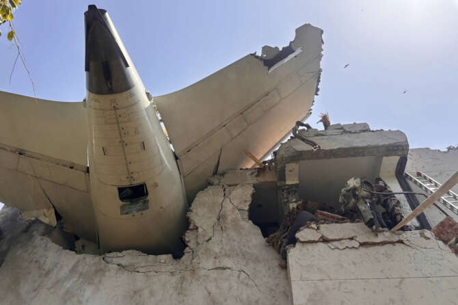 This photo shared on X by India’s Central Industrial Security Force (CISF) shows debris of a plane that crashed in the northwestern Indian city of Ahmedabad, in Gujarat state, Thursday, June 12, 2025. (Central Industrial Security Force on X via AP)