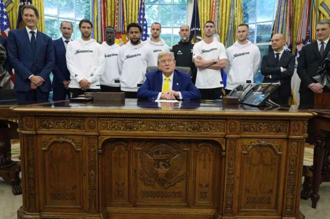 President Donald Trump meets with members of the Juventus soccer club in the Oval Office of the White House, Wednesday, June 18, 2025, in Washington. (AP Photo/Alex Brandon)