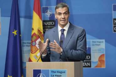 Spain’s Prime Minister Pedro Sanchez speaks during a press conference after the plenary session at the NATO summit in The Hague, Netherlands, Wednesday, June 25, 2025. (AP Photo/Markus Schreiber)