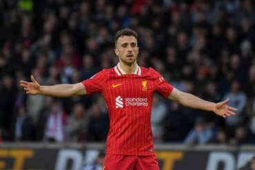 Liverpool’s Diogo Jota gestures during the English Premier League soccer match between Wolverhampton Wanderers and Liverpool at the Molineux Stadium in Wolverhampton, England, Saturday, Sept. 28, 2024. (AP Photo/Rui Vieira)
