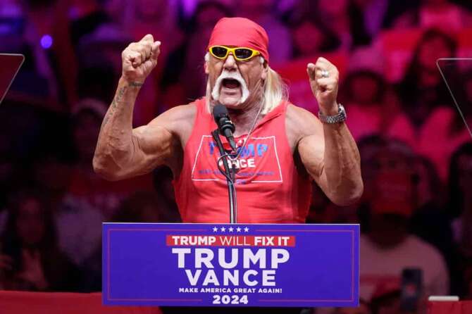 Hulk Hogan speaks before Republican presidential nominee former President Donald Trump at a campaign rally at Madison Square Garden, Sunday, Oct. 27, 2024, in New York. (AP Photo/Evan Vucci)