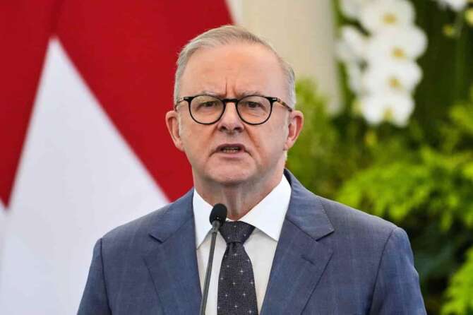Australian Prime Minister Anthony Albanese speaks during a joint press conference with Indonesian President Prabowo Subianto after their bilateral meeting at Merdeka Palace in Jakarta, Indonesia, Thursday, May 15, 2025. (AP Photo/Dita Alangkara)
