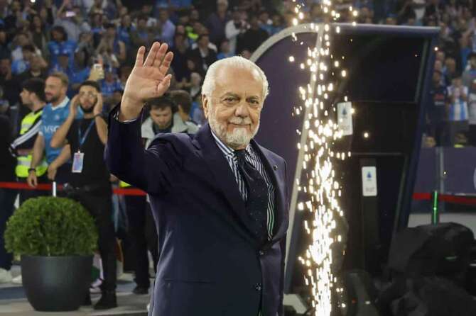 SSC Napoli president Aurelio de Laurentis during the Serie A soccer match between Napoli and Cagliari at the Diego Armando Maradona Stadium in Naples, southern italy -Friday , May 23 , 2025. Sport – Soccer . (Photo by Antonio Balasco/LaPresse)