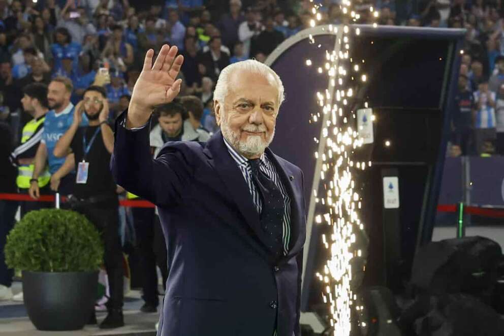 SSC Napoli president Aurelio de Laurentis during the Serie A soccer match between Napoli and Cagliari at the Diego Armando Maradona Stadium in Naples, southern italy -Friday , May 23 , 2025. Sport – Soccer . (Photo by Antonio Balasco/LaPresse)
