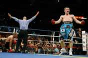 FILE – Ricky Hatton right, of Manchester, England, celebrates a fourth-round knockout over Jose Luis Castillo, left, during their IBO junior welterweight championship boxing match at the Thomas and Mack Center in Las Vegas, Saturday, June 23, 2007. Hatton was elected Thursday, Dec. 7, 2023 to the International Boxing Hall of Fame. (AP Photo/Eric Jamison, File)
