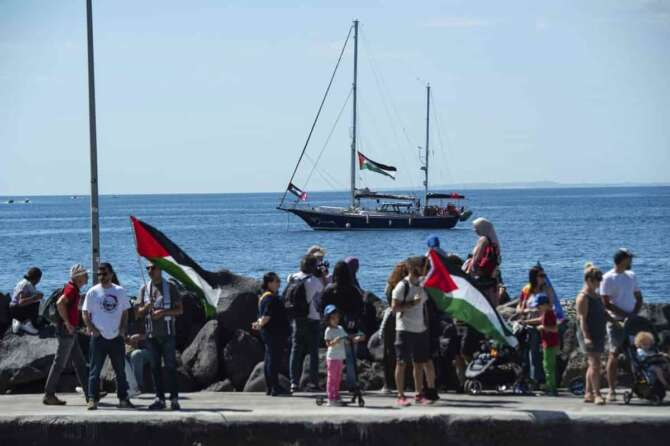 The Freedom Flotilla human rights organization Madleen boat is docked near Catania’s harbor, Italy, Sunday, June 1, 2025, ahead of its departure for the Mideast. (AP Photo/Salvatore Cavalli)