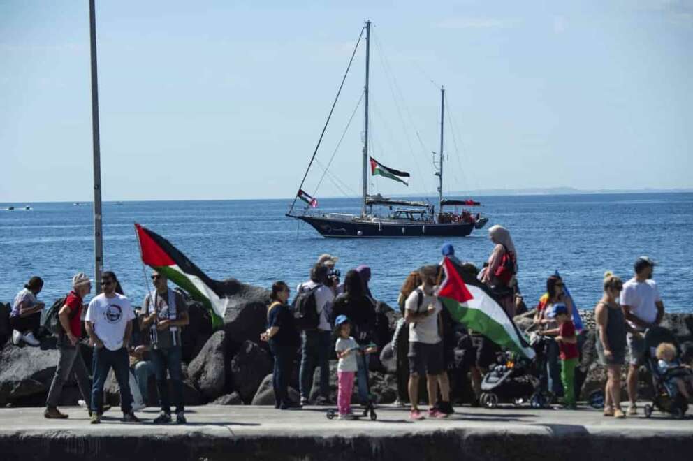The Freedom Flotilla human rights organization Madleen boat is docked near Catania’s harbor, Italy, Sunday, June 1, 2025, ahead of its departure for the Mideast. (AP Photo/Salvatore Cavalli)