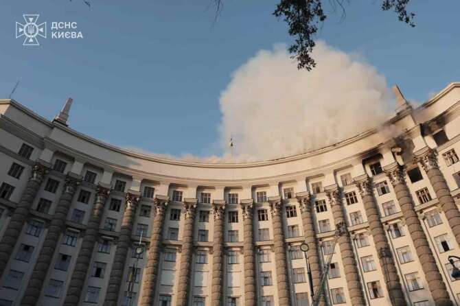 In this photo provided by the Ukrainian Emergency Service, smoke rises from the Cabinet of Ministers building after a Russian strike in Kyiv, Ukraine, on Sunday, Sept. 7, 2025. (Ukrainian Emergency Service via AP)