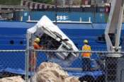 Debris from the Titan submersible, recovered from the ocean floor near the wreck of the Titanic, is unloaded from the ship Horizon Arctic at the Canadian Coast Guard pier in St. John’s, Newfoundland, Wednesday, June 28, 2023. (Paul Daly/The Canadian Press via AP)