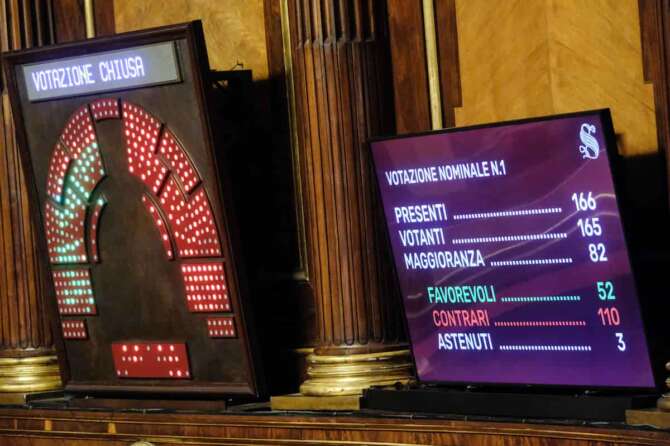 Risultato del voto sulle pregiudiziali di costituzionalità in occasione dell’esame delle norme in materia di ordinamento giurisdizionale e di istituzione della Corte disciplinare . Senato a Roma Mercoledì 18 Giugno 2025 (foto Mauro Scrobogna / LaPresse) Result of the vote on the preliminary questions of constitutionality on the occasion of the examination of the rules on the jurisdictional system and the establishment of the disciplinary court. Senate in Rome Wednesday June 18 2025. (Photo by Mauro Scrobogna / LaPresse)