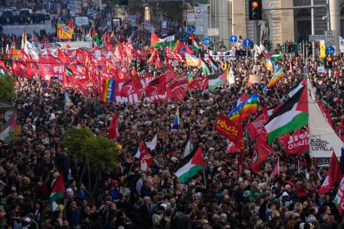 Pro-Palestinian demonstrators gather for a national general strike called by different unions to protest against the situation in Gaza two days after Israeli forces intercepted a Gaza-bound aid flotilla in the Mediterranean Sea, in Milan, Italy, Friday, Oct. 3, 2025. (AP Photo/Luca Bruno)

Associated Press/LaPresse