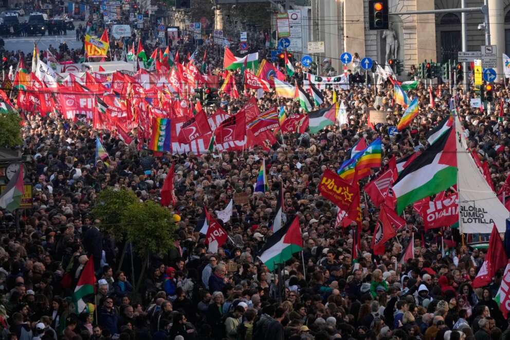 Pro-Palestinian demonstrators gather for a national general strike called by different unions to protest against the situation in Gaza two days after Israeli forces intercepted a Gaza-bound aid flotilla in the Mediterranean Sea, in Milan, Italy, Friday, Oct. 3, 2025. (AP Photo/Luca Bruno)

Associated Press/LaPresse