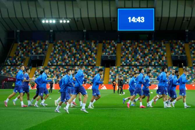 Israel players attend a training session ahead of Tuesday’s World Cup 2026, Group I qualifying soccer match between Italy and Israel at the Friuli Stadium in Udine, Italy, Monday, Oct.13, 2025. (AP Photo/Luca Bruno)