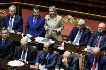 La presidente del Consiglio Giorgia Meloni nell’aula del Senato durante le comunicazioni in vista del prossimo Consiglio europeo del 23 e 24 ottobre, Roma, Mercoledì 22 Ottobre 2025 (Foto Roberto Monaldo / LaPresse) 

Premier Giorgia Meloni addresses the Senate ahead of the upcoming European Council on 23 and 24 October, Rome, Wednesday, October 21, 2025 (Photo by Roberto Monaldo / LaPresse)