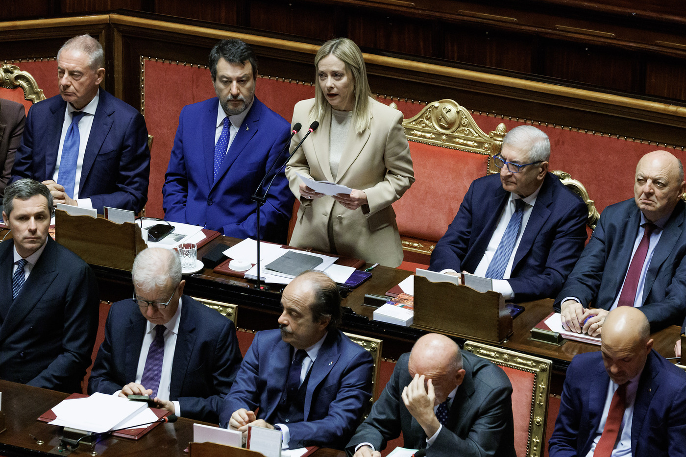 La presidente del Consiglio Giorgia Meloni nell’aula del Senato durante le comunicazioni in vista del prossimo Consiglio europeo del 23 e 24 ottobre, Roma, Mercoledì 22 Ottobre 2025 (Foto Roberto Monaldo / LaPresse) 

Premier Giorgia Meloni addresses the Senate ahead of the upcoming European Council on 23 and 24 October, Rome, Wednesday, October 21, 2025 (Photo by Roberto Monaldo / LaPresse)
