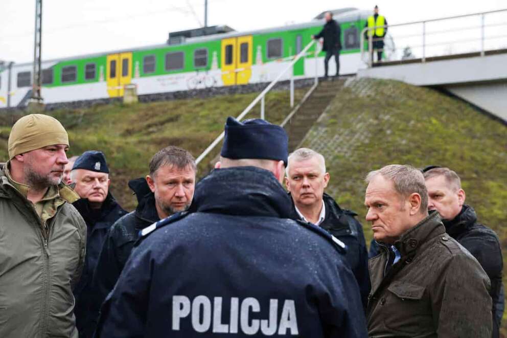 Prime Minister Donald Tusk, second right, visits site of the rail line Mika, that was damaged by sabotage, near Deblin, Poland, Monday, Nov. 17, 2025. (AP Photo/KPRM) Associate Press/ LaPresse Only Italy and Spain