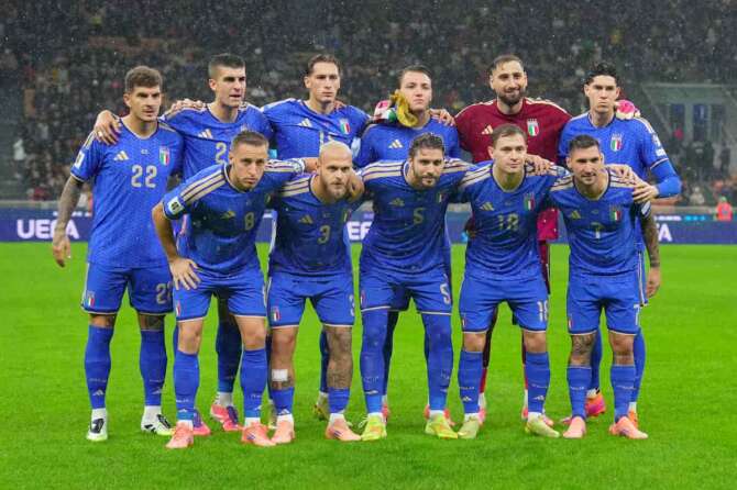 Italy’s start eleven during the match between Italy and Norway at the San Siro Stadium in Milan , north Italy – Sunday , November 16 , 2025. Sport – Soccer . (Photo by Spada/LaPresse)